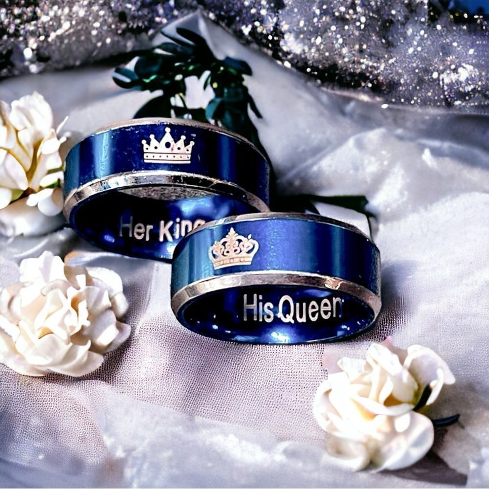 Her King/His Queen - Crown Ring set in Blue l Stainless Steel l New
